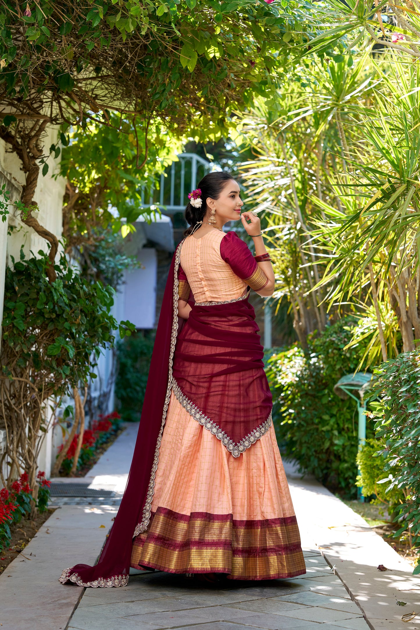 Lorenvalley Peach Zari Chex with Zari Weaving Work Lehenga Choli with Dupatta | Swadesiicart