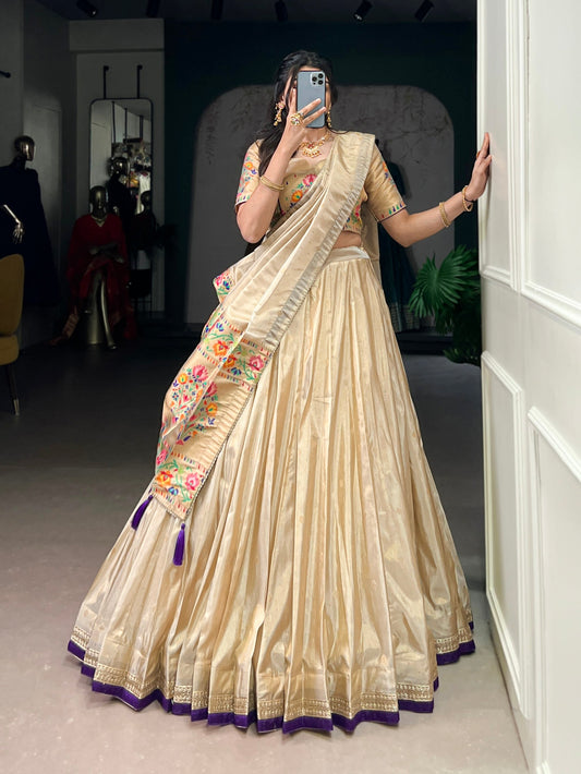 Lorenvalley Fashion Cream Shimmer Paithani Zari Weaving Work Lehenga Choli with Dupatta - Swadesiicart