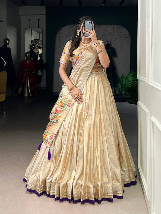 Lorenvalley Fashion Cream Shimmer Paithani Zari Weaving Work Lehenga Choli with Dupatta - Swadesiicart