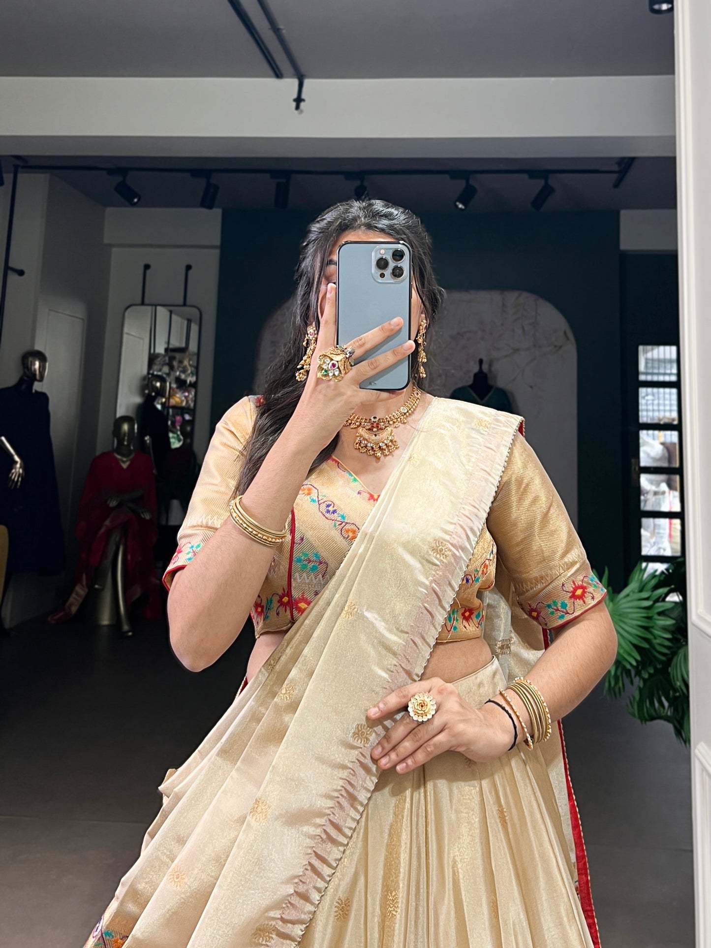 Lorenvalley Fashion Cream Shimmer Paithani Zari Weaving Work Lehenga Choli with Dupatta - Swadesiicart