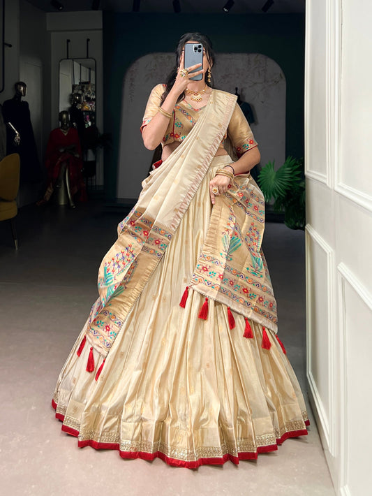 Lorenvalley Fashion Cream Shimmer Paithani Zari Weaving Work Lehenga Choli with Dupatta - Swadesiicart