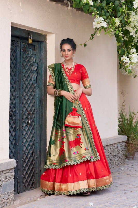 Lorenvalley Red Jacquard Silk Paithani Zari Weaving Work With Sequins and Thread Embroidery Scallop Lace Border Lehenga Choli with Dupatta | Swadesiicart