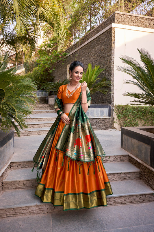 Lorenvalley Orange Jacquard Silk Paithani Zari Weaving Work Lehenga Choli with Dupatta | Swadesiicart