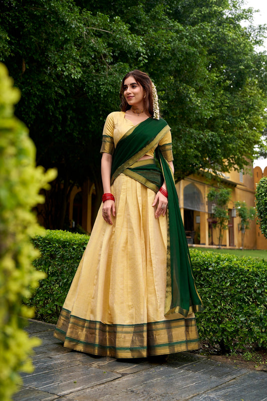Lorenvalley Fashion Cream Kanchipuram Zari Weaving Work Lehenga Choli with Dupatta - Swadesiicart