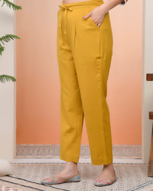 Vaasva Women Mustard Cotton Flax Solid Straight Pants | Swadesiicart