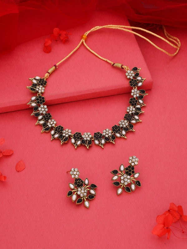 Tehzeeb Creations Black & White Gold Pleated Stone Studded Necklace With Earrings - Swadesiicart