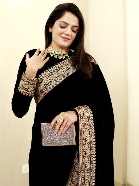 trueBrowns Black Velvet Embroidered Lace Blouse | Swadesiicart