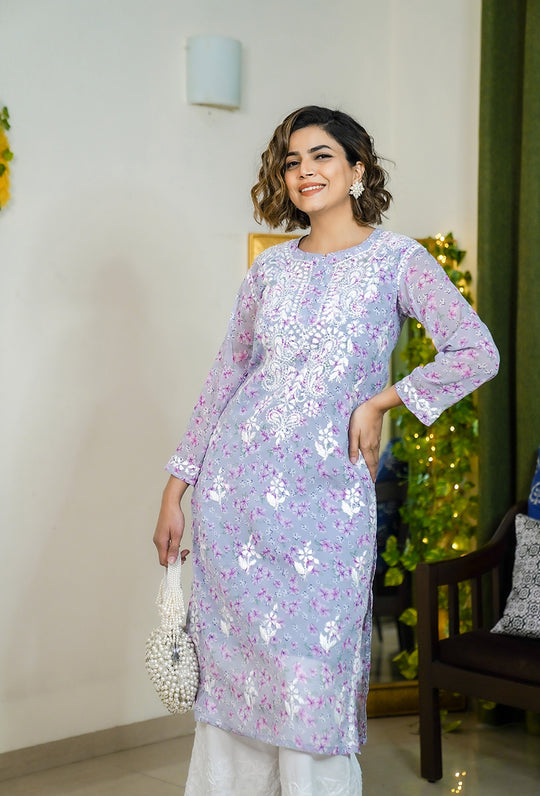 Rangreza Ethnic Eliza Georgette Chikankari Kurta With Inner (Set Of 2) Lavender | Swadesiicart