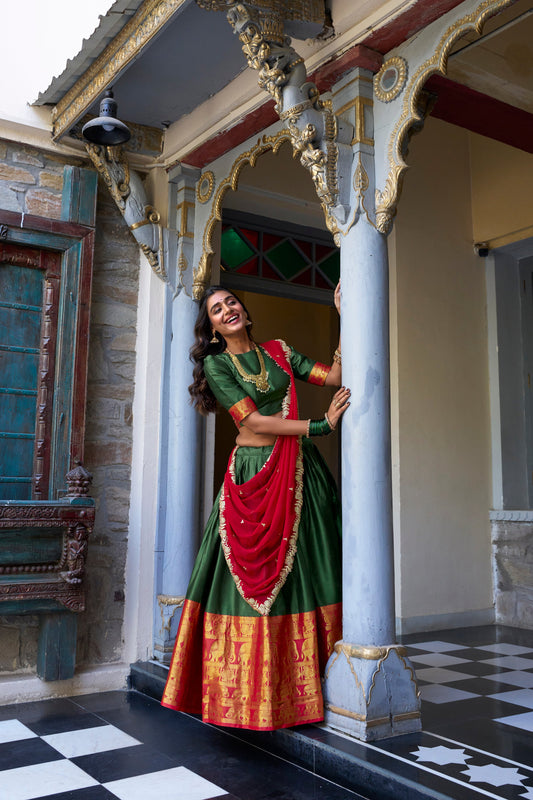 Lorenvalley Green Narayan Pattu Fabric with Zari Weaving Work Lehenga Choli | Swadesiicart