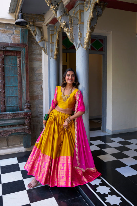 Lorenvalley Mustard Narayan Pattu Fabric with Zari Weaving Work Lehenga Choli | Swadesiicart