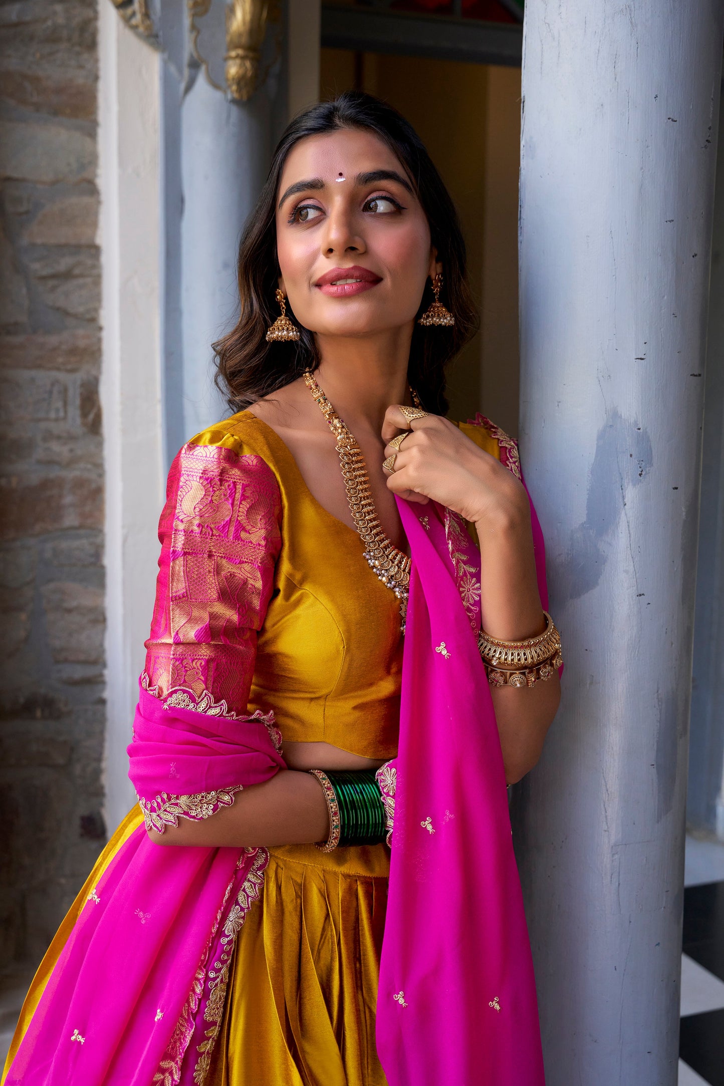 Lorenvalley Mustard Narayan Pattu Fabric with Zari Weaving Work Lehenga Choli | Swadesiicart