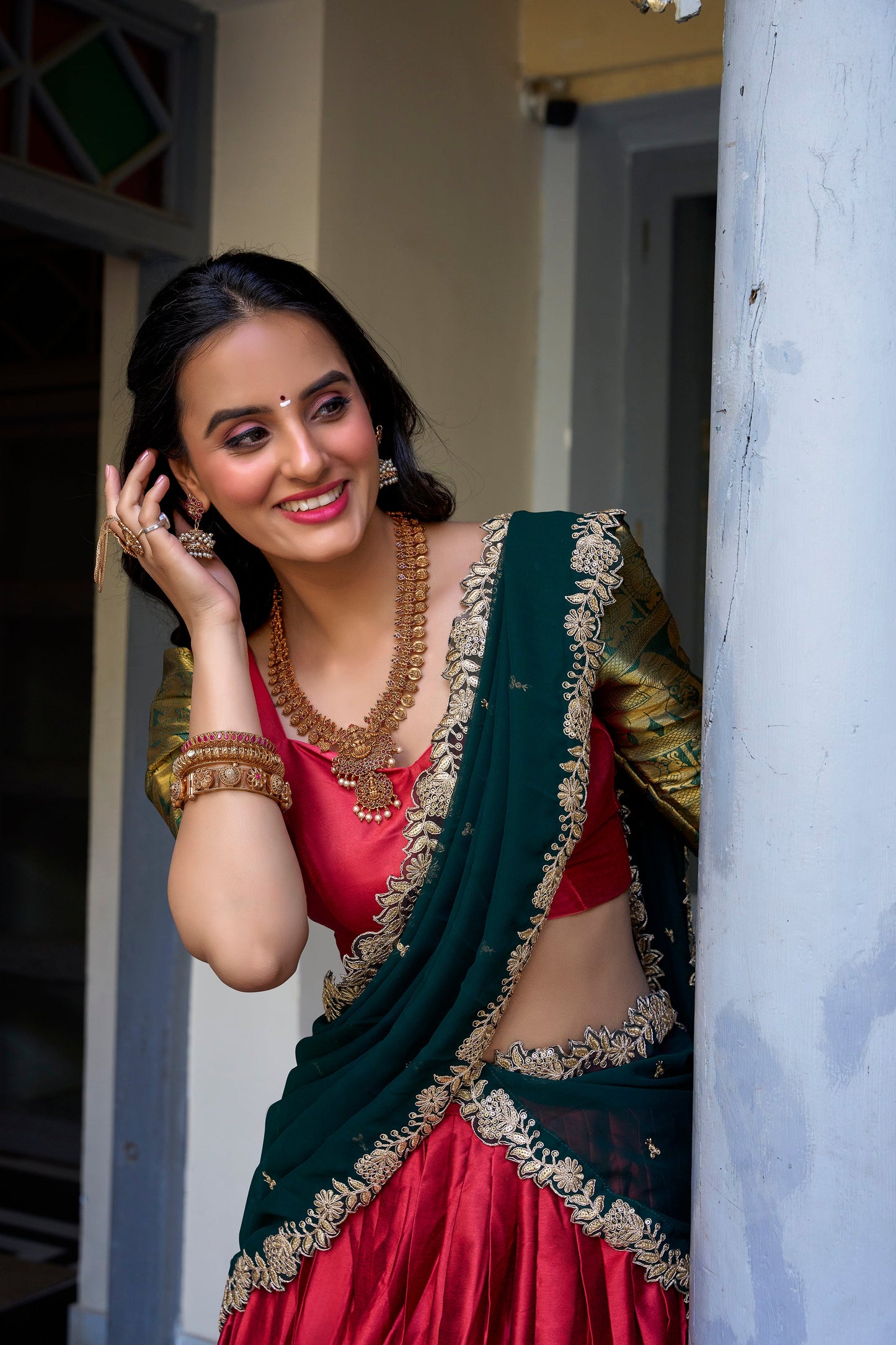 Lorenvalley Red Narayan Pattu Fabric with Zari Weaving Work Lehenga Choli | Swadesiicart