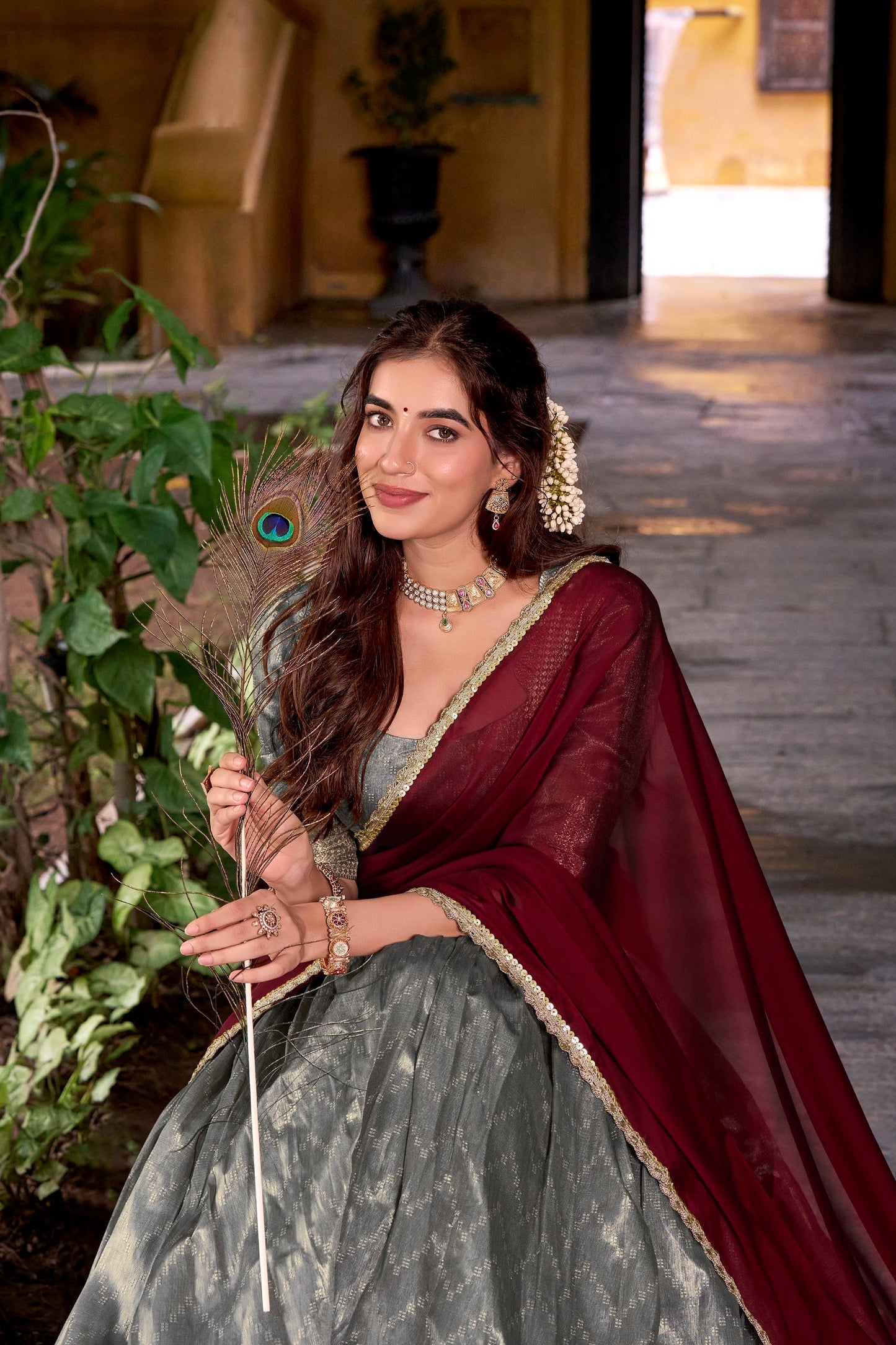 Lorenvalley Fashion Grey Dupion Silk Zari Weaving Work Lehenga Choli with Dupatta - Swadesiicart