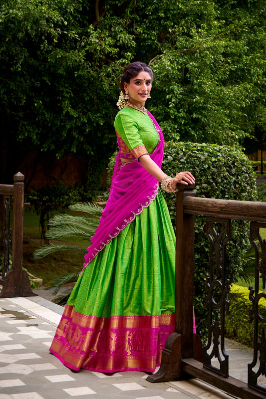 Lorenvalley Fashion Parrot Green Poly Cotton Zari Weaving Work Lehenga Choli with Dupatta - Swadesiicart