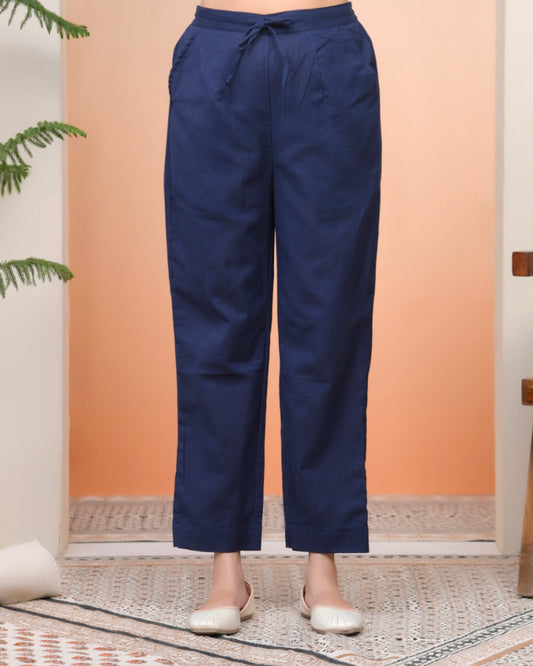 Vaasva Women Royal Blue Cotton Flax Solid Straight Pants | Swadesiicart