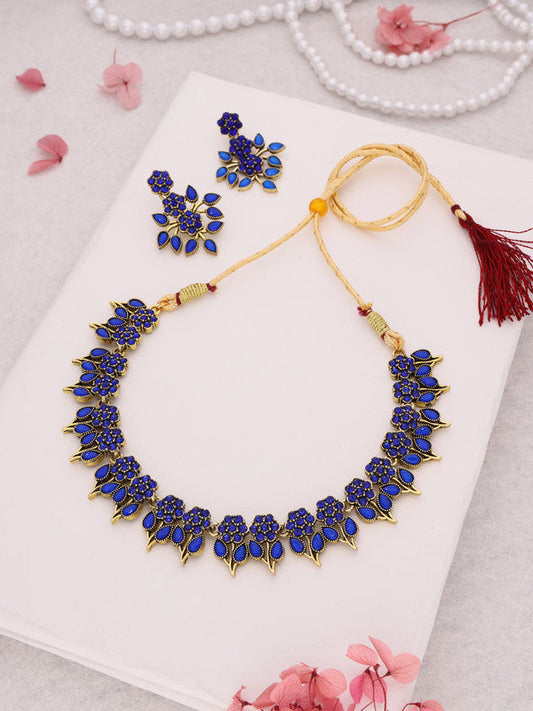 Tehzeeb Creations Blue Colour Gold Pleated Stone Studded Necklace With Earrings - Swadesiicart
