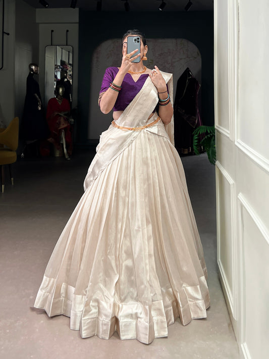 Lorenvalley Fashion White Poly Tasar Viscose Border Lehenga Choli with Dupatta | Swadesiicart