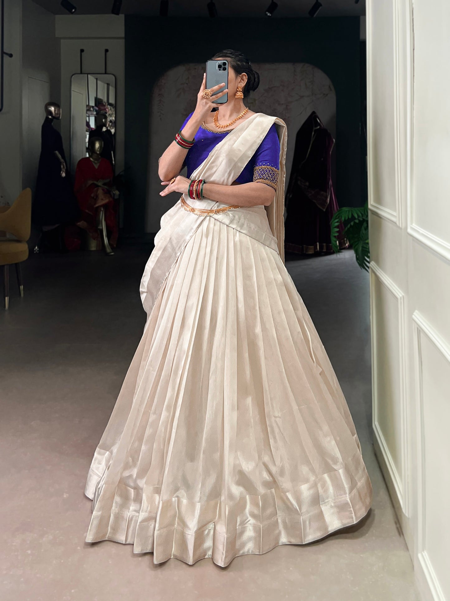 Lorenvalley Fashion White Poly Tasar Viscose Border Lehenga Choli with Dupatta | Swadesiicart