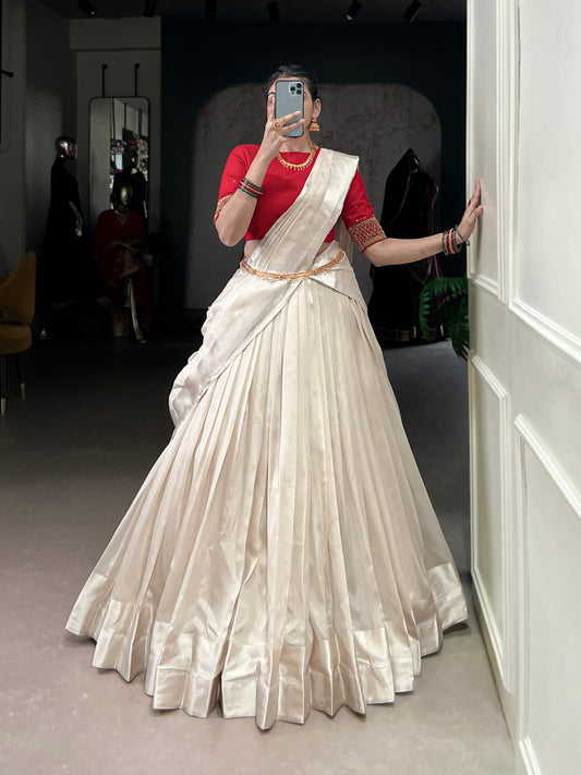 Lorenvalley Fashion White Poly Tasar Viscose Border Lehenga Choli with Dupatta | Swadesiicart