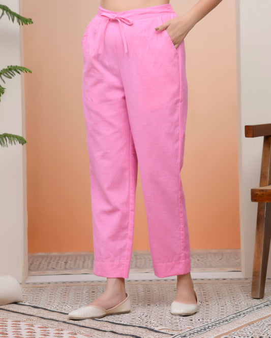Vaasva Women Pink Cotton Flax Solid Straight Pants | Swadesiicart