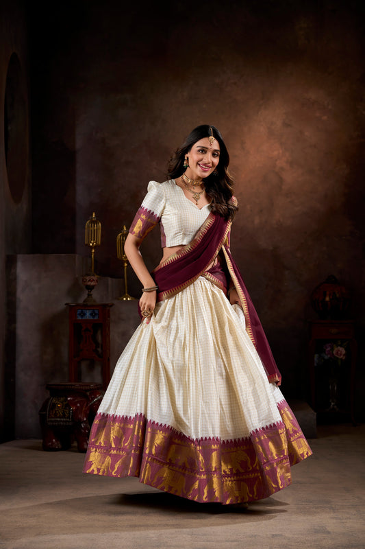 Lorenvalley White Poly Cotton Chex With Zari Weaving Work Lehenga Choli with Dupatta | Swadesiicart