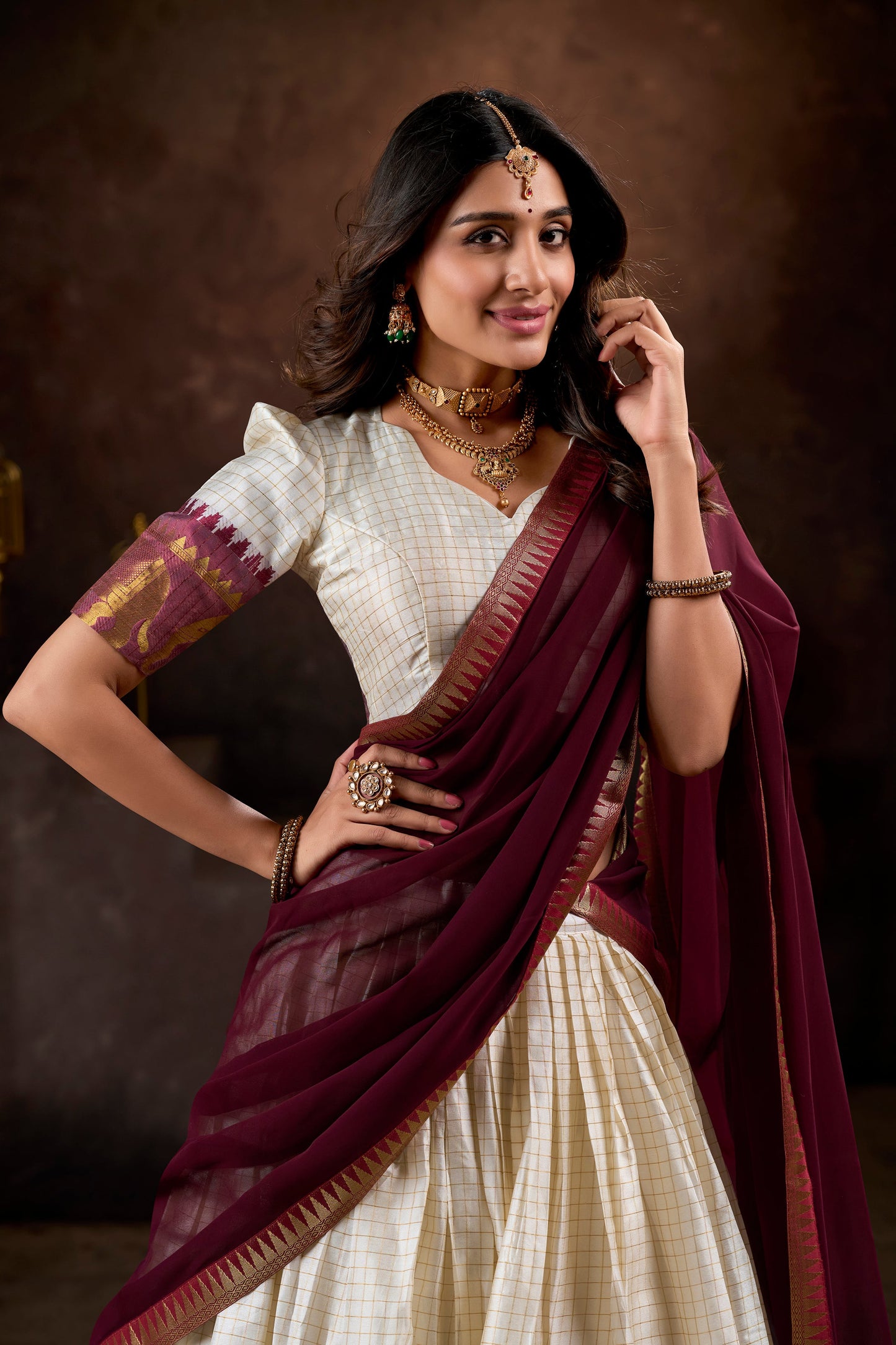 Lorenvalley White Poly Cotton Chex With Zari Weaving Work Lehenga Choli with Dupatta | Swadesiicart