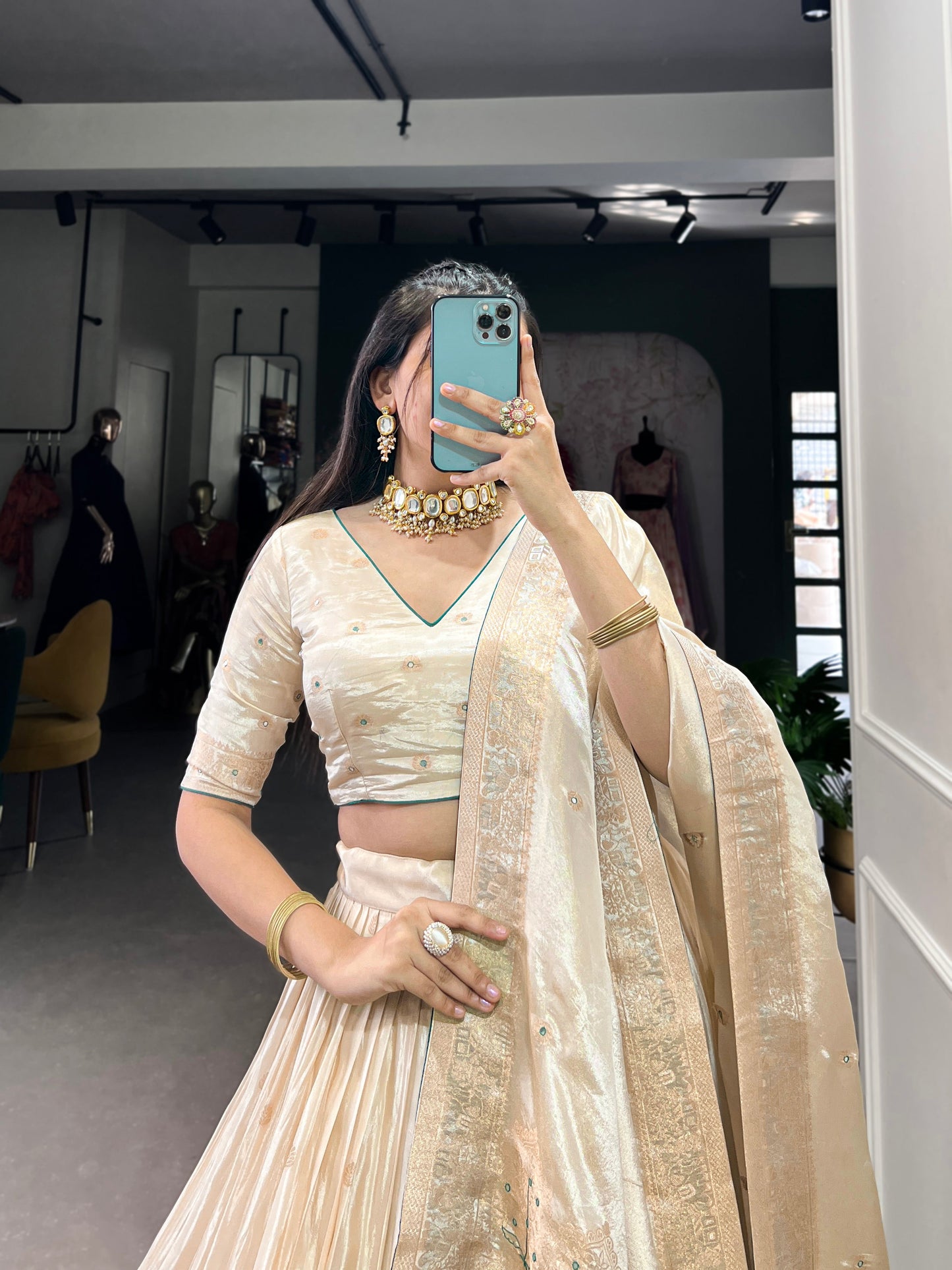 Lorenvalley Off White Pure Shimmer With Weaving Work with Mirror And Beads (Moti) Hand Work Lehenga Choli | Swadesiicart