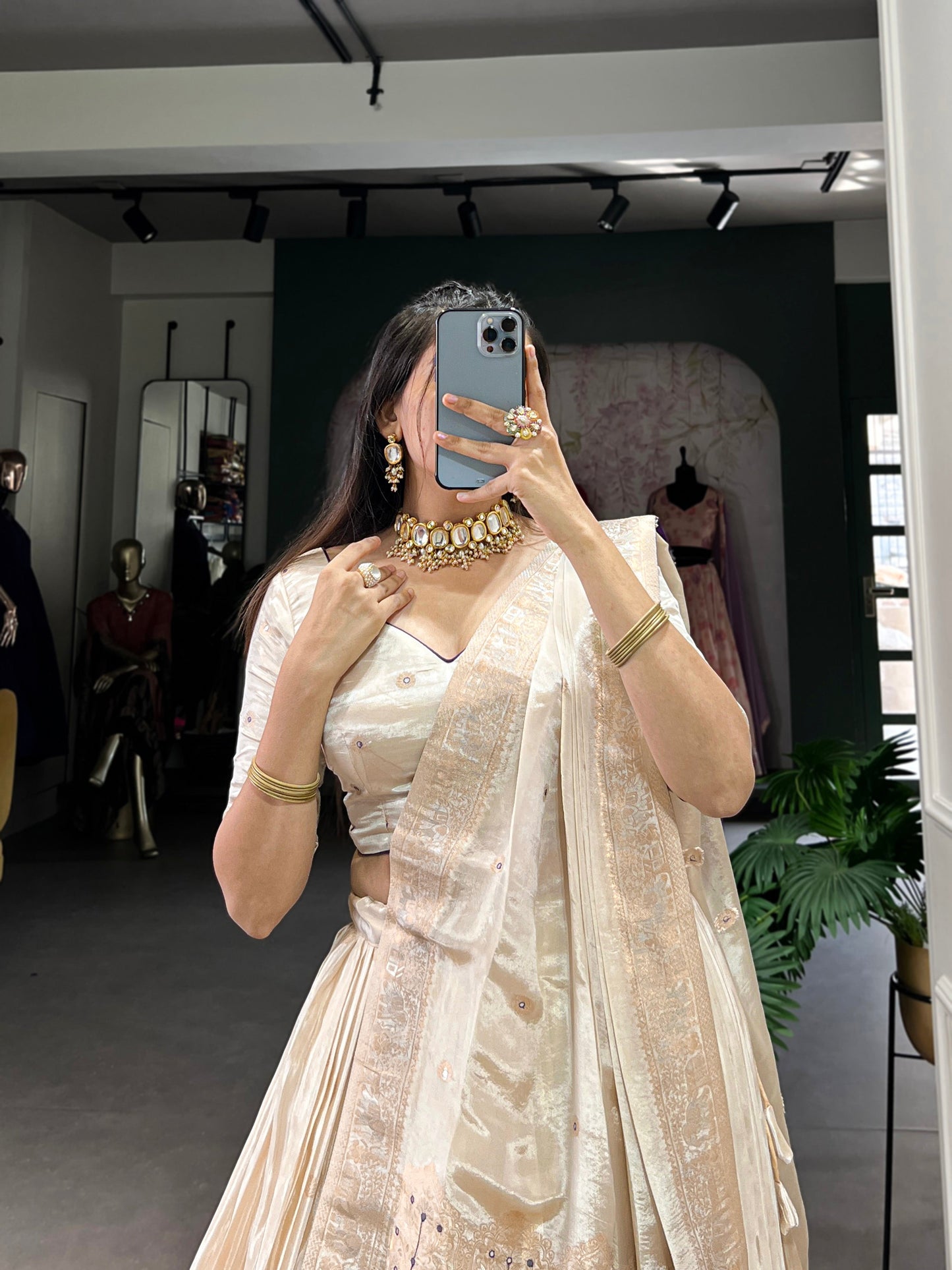 Lorenvalley Off White Pure Shimmer With Weaving Work with Mirror And Beads (Moti) Hand Work Lehenga Choli | Swadesiicart