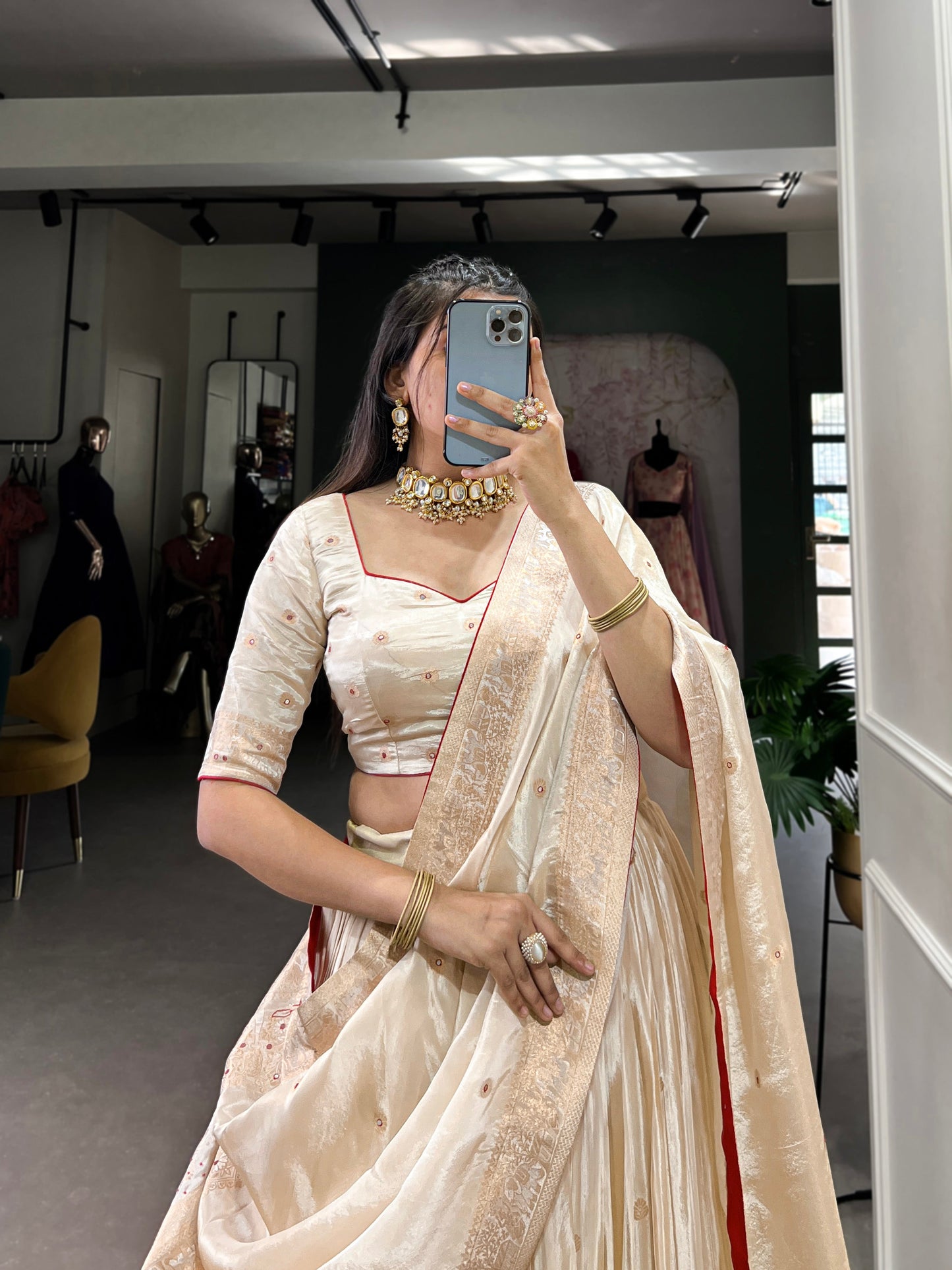 Lorenvalley Off White Pure Shimmer With Weaving Work with Mirror And Beads (Moti) Hand Work Lehenga Choli | Swadesiicart