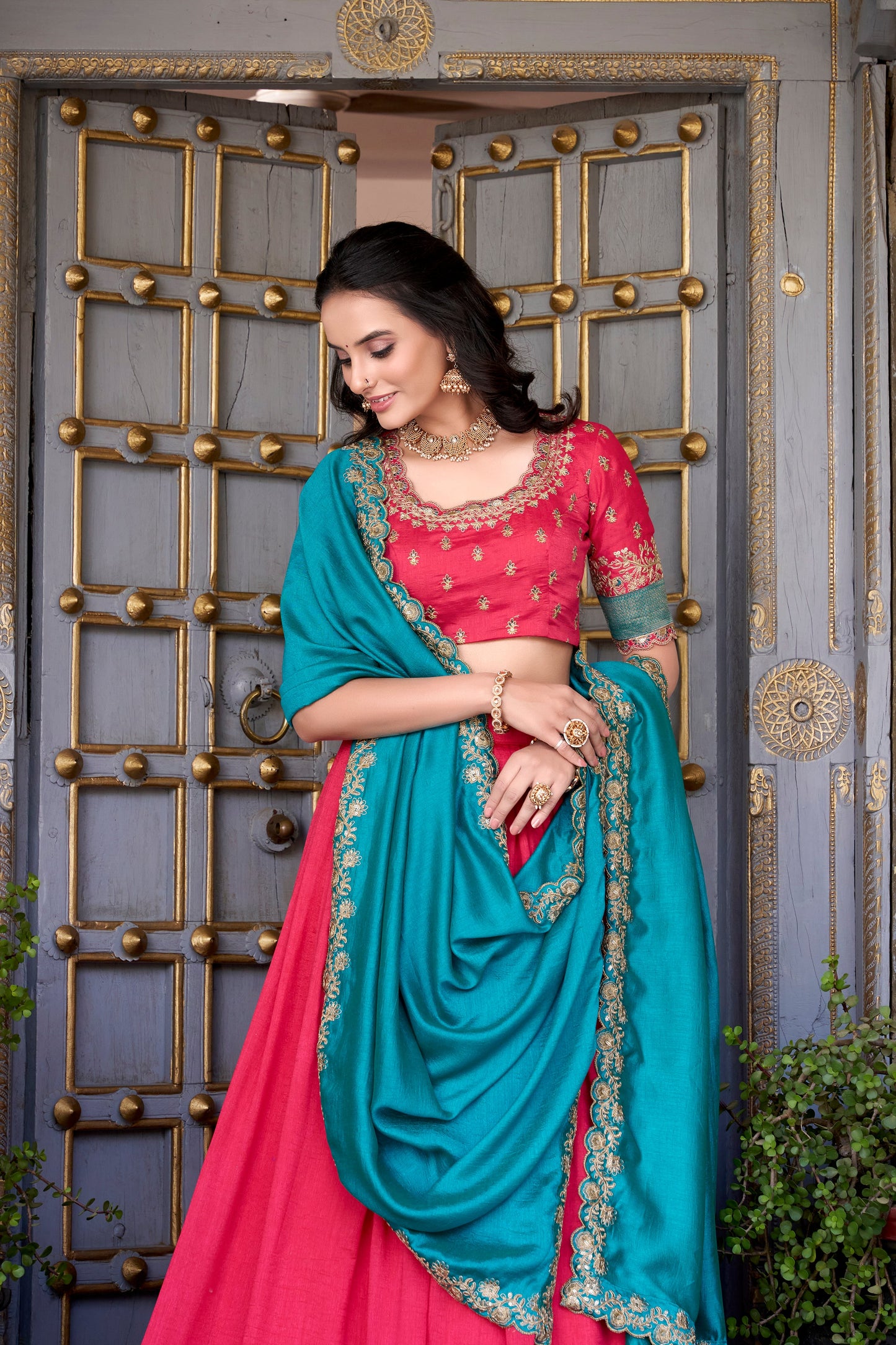 Lorenvalley Pink Vichitra Silk Zari Weaving Work Lace Border Belt with Sequins Lace Touch Up Lehenga Choli with Dupatta | Swadesiicart