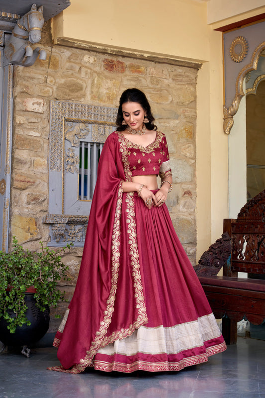 Lorenvalley Rust Vichitra Silk Zari Weaving Work Lace Border Belt with Sequins Lace Touch Up Lehenga Choli with Dupatta | Swadesiicart