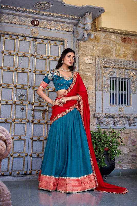 Lorenvalley Teal Vichitra Silk Zari Weaving Work Lace Border Belt with Sequins Lace Touch Up Lehenga Choli with Dupatta | Swadesiicart