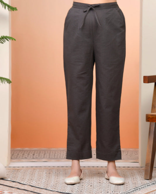 Vaasva Women Charcoal Cotton Flax Solid Straight Pants | Swadesiicart