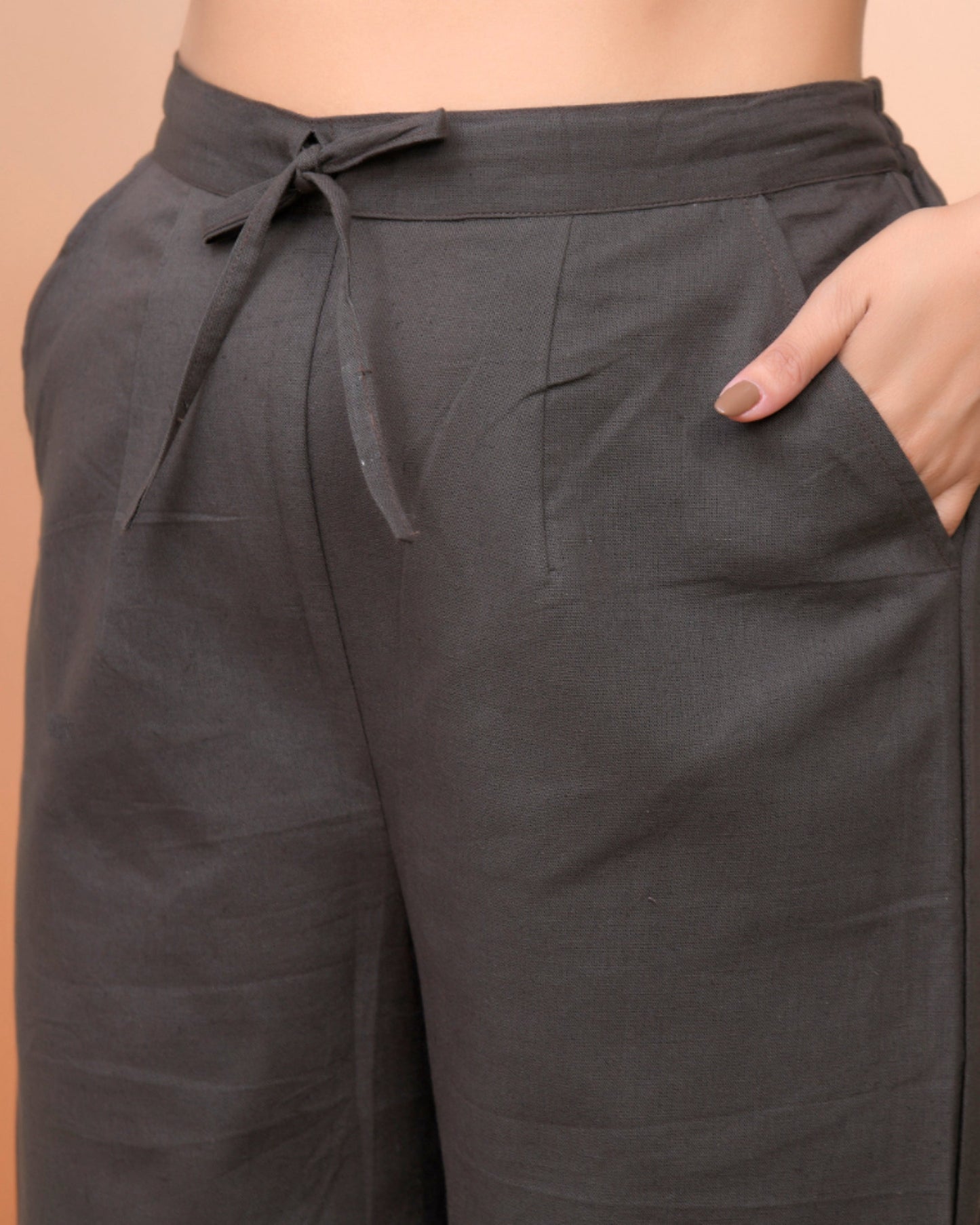 Vaasva Women Charcoal Cotton Flax Solid Straight Pants | Swadesiicart