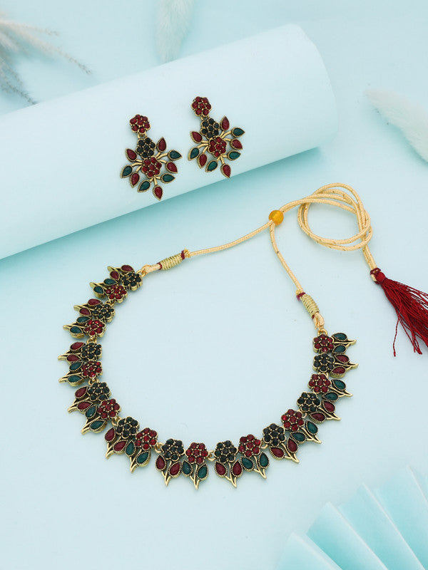 Tehzeeb Creations Green & Maroon Colour Gold Pleated Stone Studded Necklace With Earrings - Swadesiicart