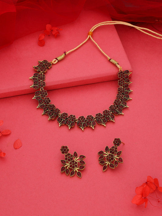 Tehzeeb Creations Maroon Colour Gold Pleated Stone Studded Necklace With Earrings - Swadesiicart