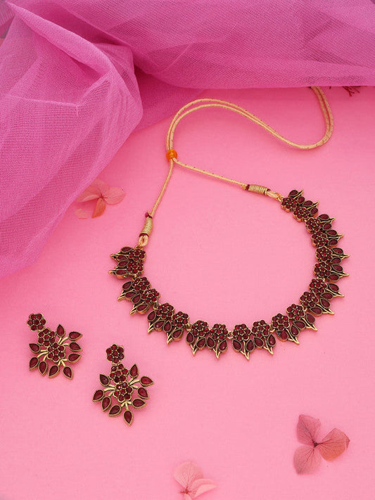 Tehzeeb Creations Maroon Colour Gold Pleated Stone Studded Necklace With Earrings - Swadesiicart