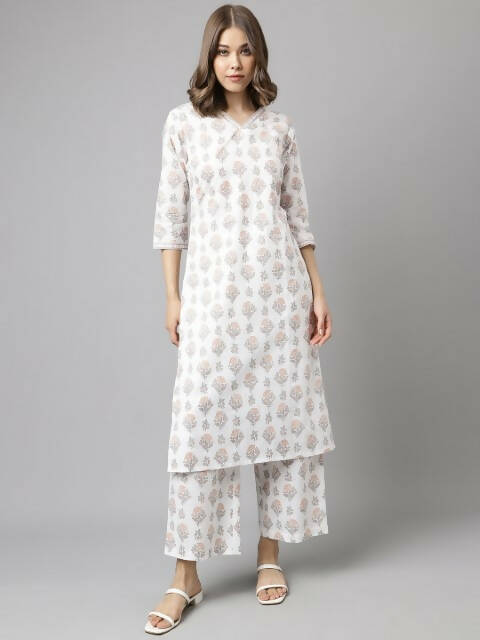 FIORRA Women's White Cotton A-Line Kurta Palazzo Set - Swadesiicart