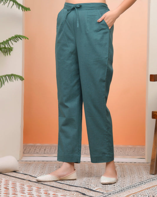 Vaasva Women Ferozi Cotton Flax Solid Straight Pants | Swadesiicart