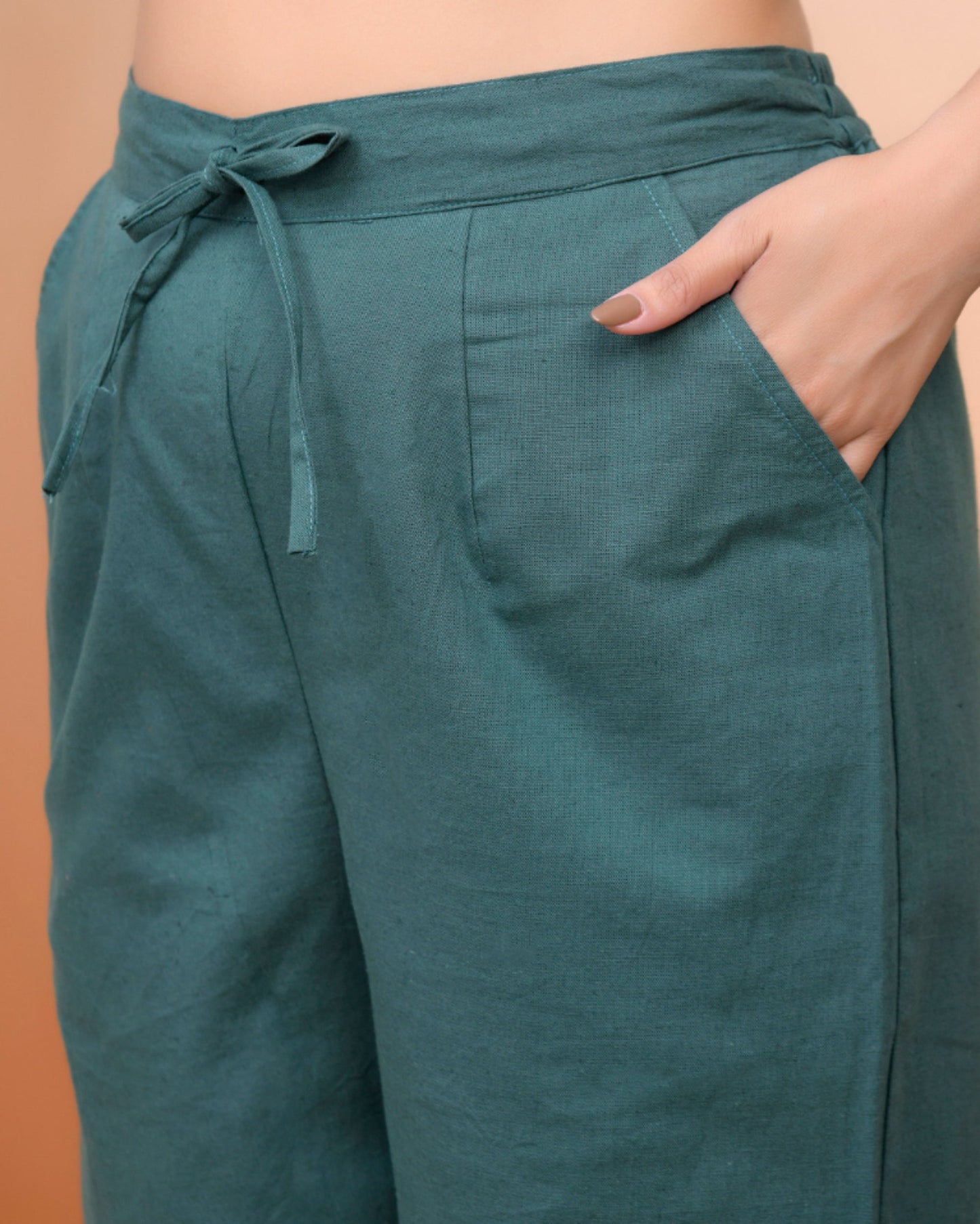 Vaasva Women Ferozi Cotton Flax Solid Straight Pants | Swadesiicart