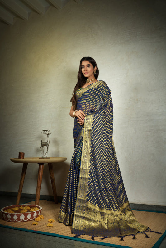 Vardha Indigo Blue Golden Zari Banarasi Chiffon Saree | Swadesiicart