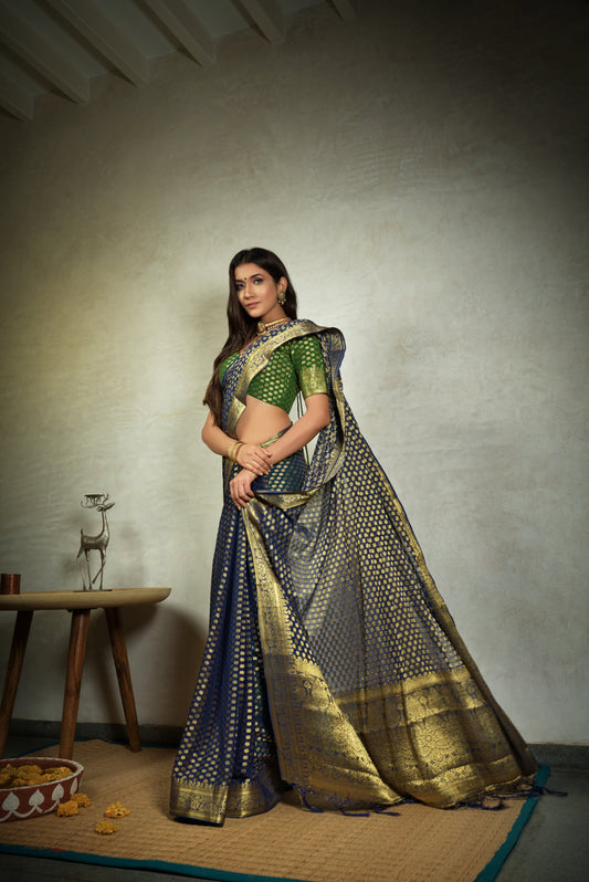 Vardha Indigo Blue Golden Zari Banarasi Chiffon Saree | Swadesiicart