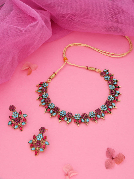 Tehzeeb Creations Pink & Sky Blue Colour Gold Pleated Stone Studded Necklace With Earrings - Swadesiicart