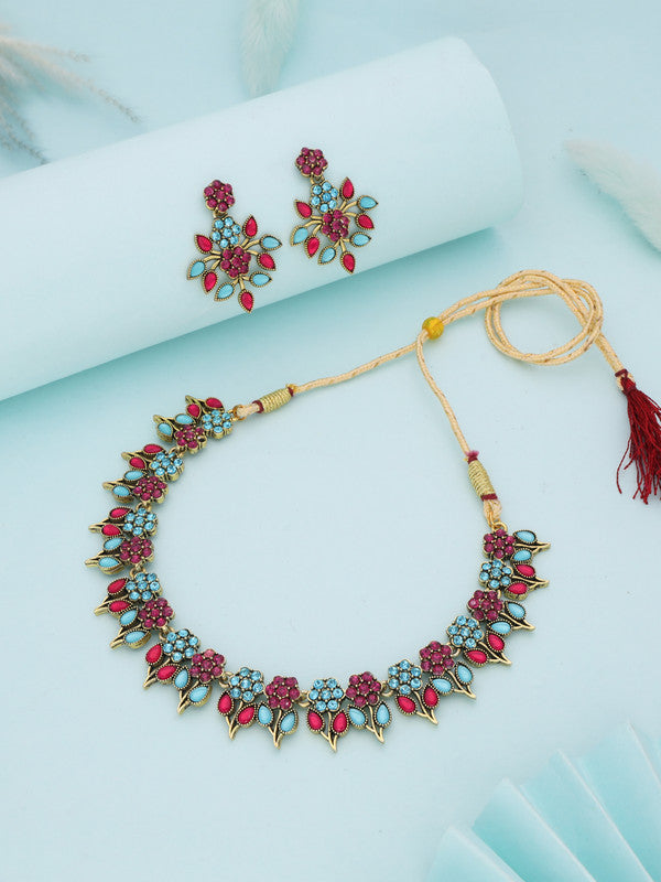 Tehzeeb Creations Pink & Sky Blue Colour Gold Pleated Stone Studded Necklace With Earrings - Swadesiicart