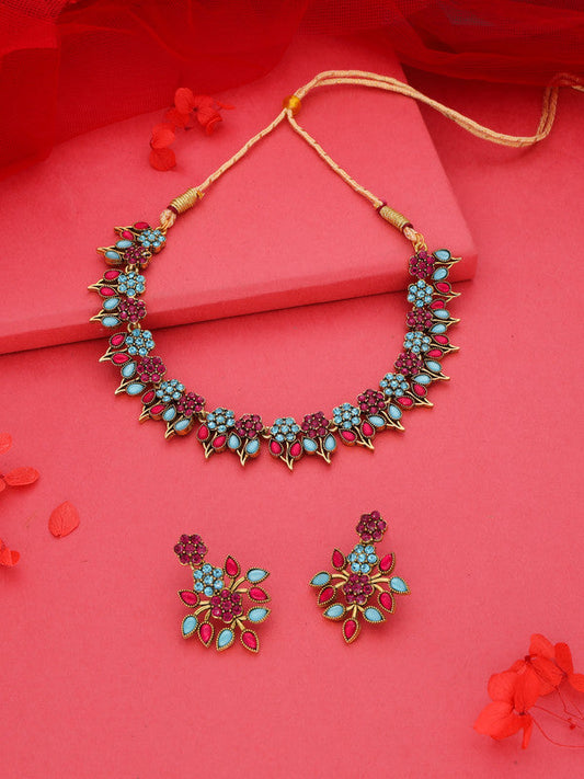 Tehzeeb Creations Pink & Sky Blue Colour Gold Pleated Stone Studded Necklace With Earrings - Swadesiicart