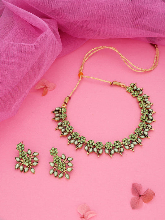 Tehzeeb Creations Sea Green Colour Gold Pleated Stone Studded Necklace With Earrings - Swadesiicart