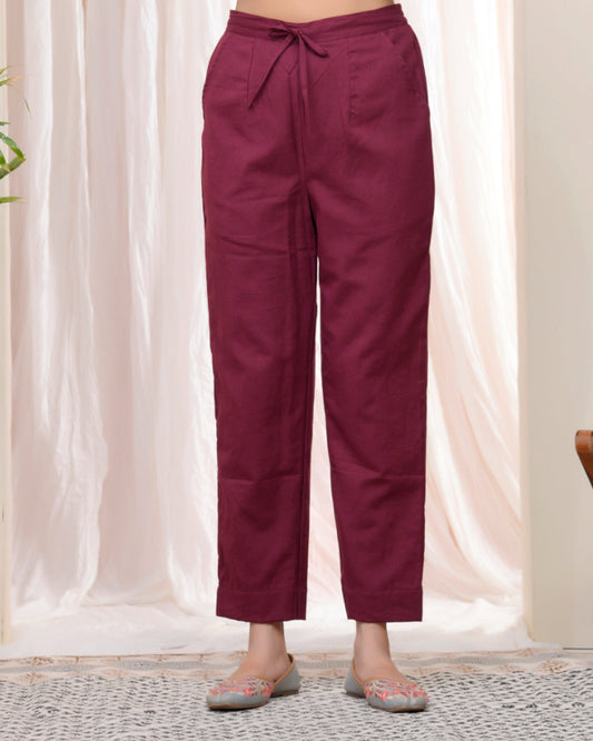 Vaasva Women Magenta Cotton Flax Solid Straight Pants | Swadesiicart