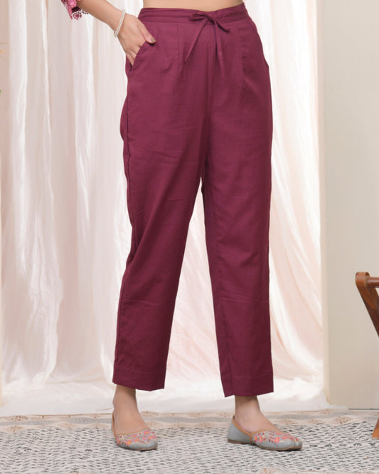 Vaasva Women Magenta Cotton Flax Solid Straight Pants | Swadesiicart