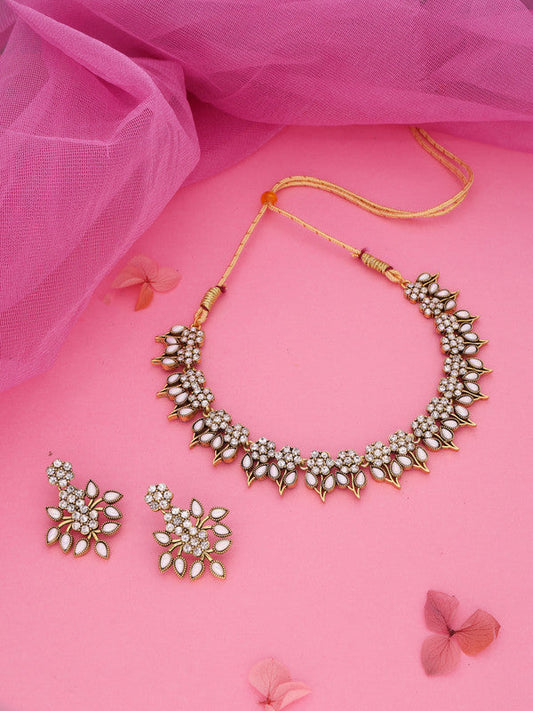 Tehzeeb Creations White Colour Gold Pleated Stone Studded Necklace With Earrings - Swadesiicart