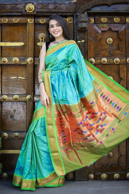 Very Much Indian Pure Silk Handloom Paithani -Dual Tone Blue Green | Swadesiicart